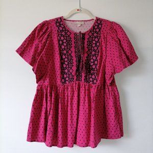 Knox Rose Womens Pink Round Neck Flutter Sleeve Polka Dot Boho Blouse Top Size M